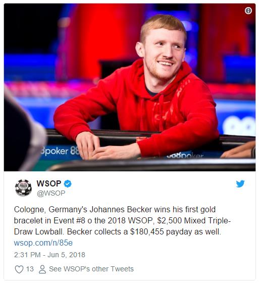 Johannes Becker取得WSOP第8项赛事冠军，奖金$180,455