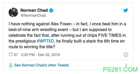 Alex Foxen利用无限再买入赛制优势斩获WPT五钻扑克赛冠军！
