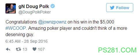 线上大神Doug &quot;WCGRider&quot; Polk赞助的德国牌手一举斩获$150万
